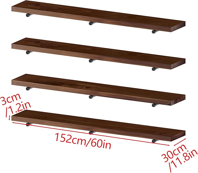 Industrial Pipe Wall Wood Shelves,Real Wooden Shelves 60" in Walnut Color with 11.8" Extra Width, Modern Floating Shevles Boo