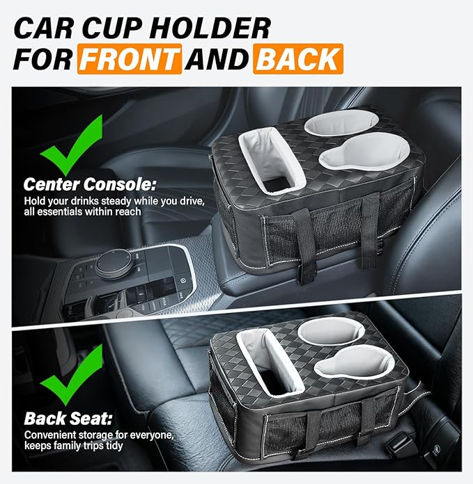 Center Console Cup Holder, Universal Car Armrest Storage Box with Bottle Holder & Tissue Slot & Side Pockets, Car Back Seat T