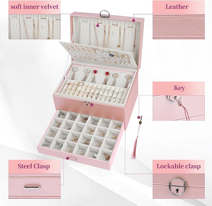BOOVO Earring Jewelry Box For Women Girl Stud Organizer, 5 Layers Girl Jewelry Organizer Box With Lock Earring Holder Organiz