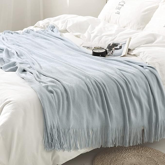 Homiest Decorative Knitted Throw Blanket with Fringe, Lightweight Acrylic Knit Blanket, Soft & Cozy Tassel Blanket for Couch 
