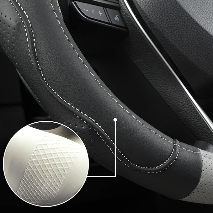 West Llama Customized Auto Car Steering Wheel Cover with 3D Texture for Dodge RAM 1500 2500 3500, 15.5-16 inch(Black+Gray-Lar
