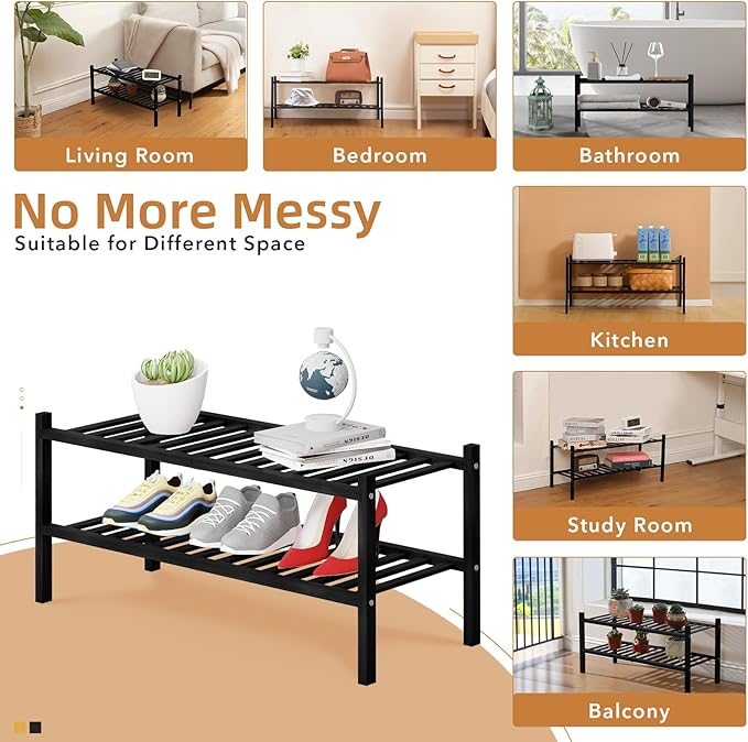 2 Tier Bamboo Shoe Rack Storage Organizer for Closet, Multifunctional Stackable Free Standing Shoe Shelf Organizer for Small 