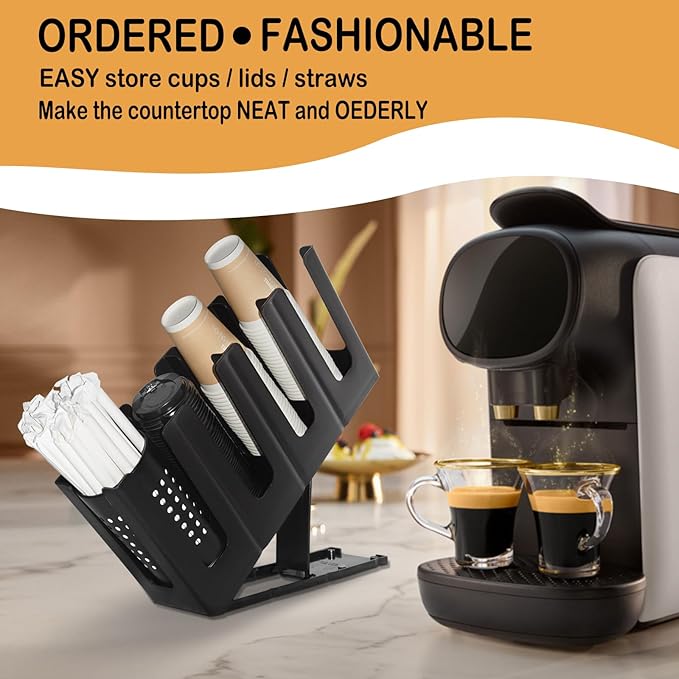 Cup Holder Lid Dispenser with Straw Organizer,4 Compartment 7 Adjusting,Disposable Paper Cup Storage Organizer for Breakroom 