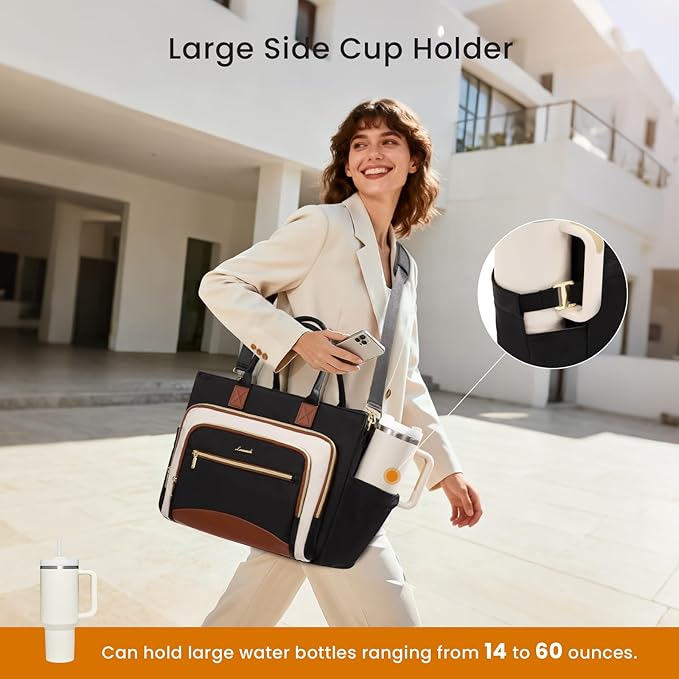 LOVEVOOK Teacher Tote Bag for Women,Laptop bag with Large Cup Holder,Work bag with Accordion File Organizer Pocket,Multi-Pock