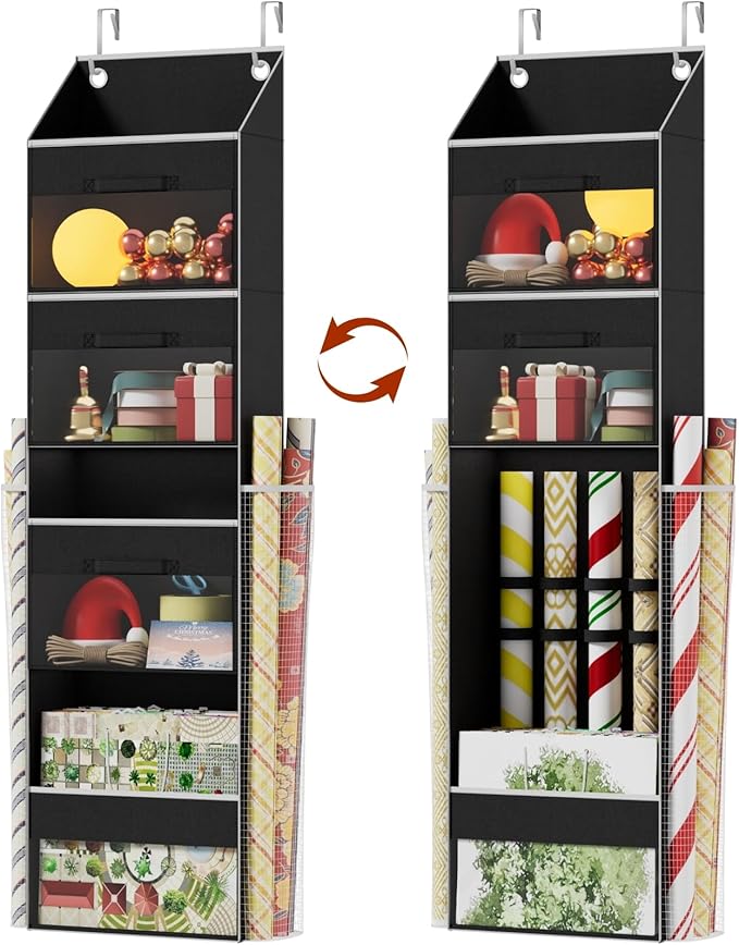 Black Over Door Wrapping Paper Organizer Storage with 3 Removable Drawers & Side Pockets – Dual Use Design with Elastic Strap