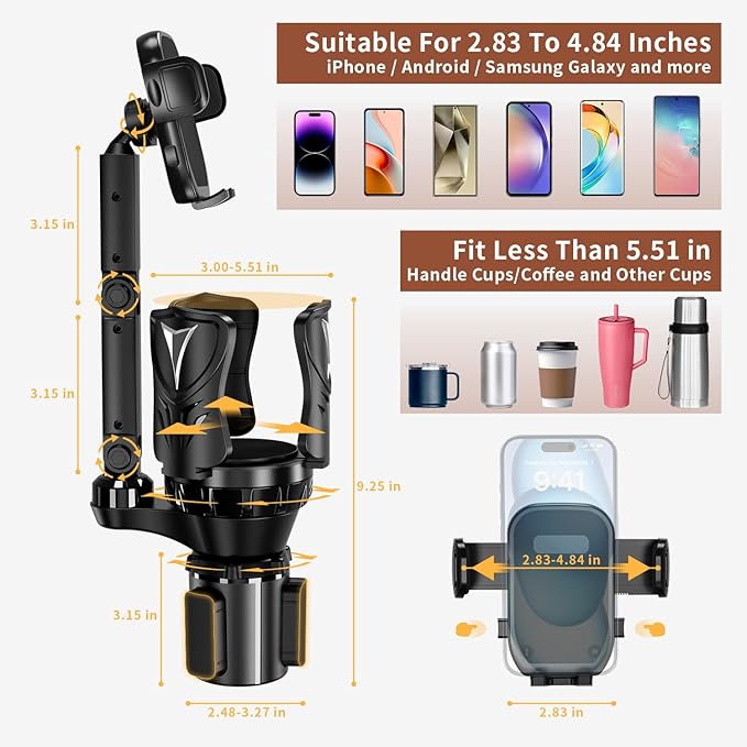 Phone Holders for Your Car, Adjustable Car Cup Holder Expander with Rubber Grip, Secure Hold, Multi-Scenario Use for Drivers,