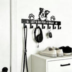 Border Collie Key Holder Wall Mount, Dog Leash Holder for Wall with 7 Hooks, Let‘s Go for a Walk Sign, Metal Black Entryway K