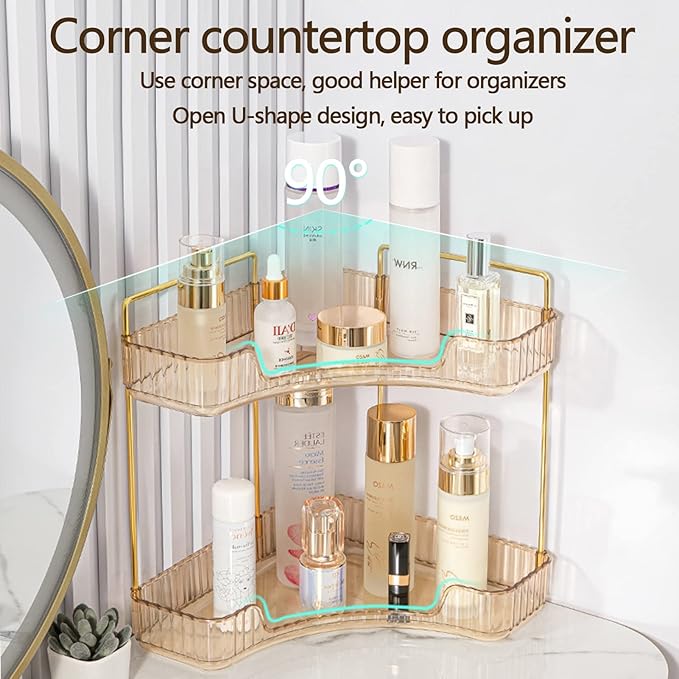 shuang qing 2-Tier Corner Bathroom Counter Organizer – Classic Storage Shelf for Makeup, Perfume & Toiletries, Space-Saving C