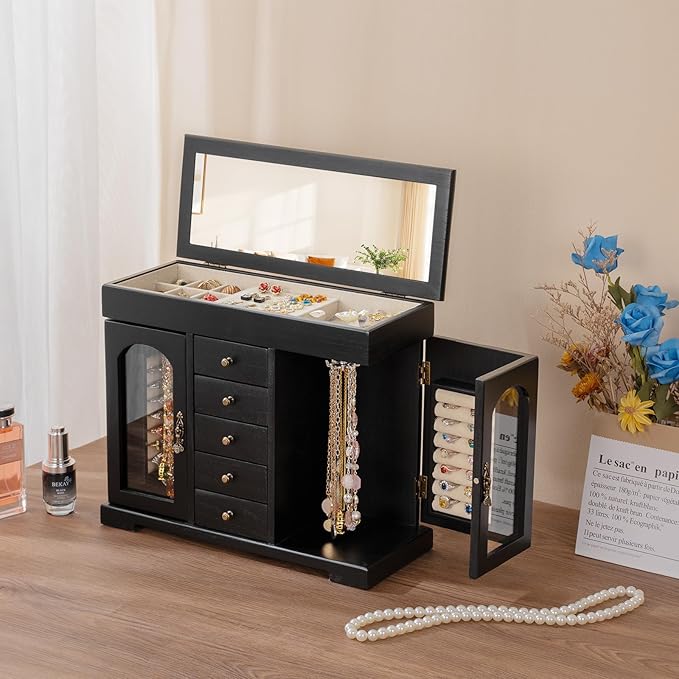 Miratino Jewelry Box for Women Girls, Wooden Jewelry Organizer Box with Mirror, 5 Layer Jewelry Storage Case Display for Neck