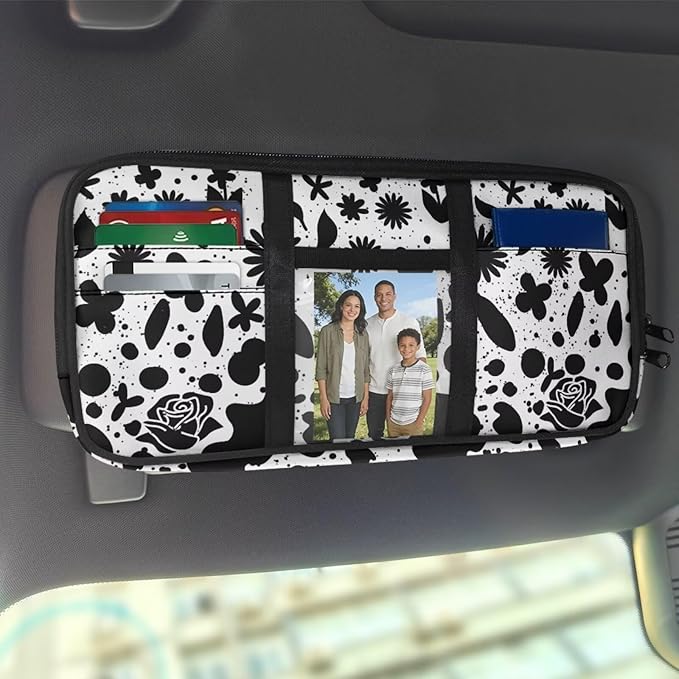 Floral Zippered Tactical Car Sun Visor Organizer with Adjustable Straps and Pockets Glasses Pouch with Storage Compartments and Card Holder Easy Installation Universal Fit for Most Cars SUV