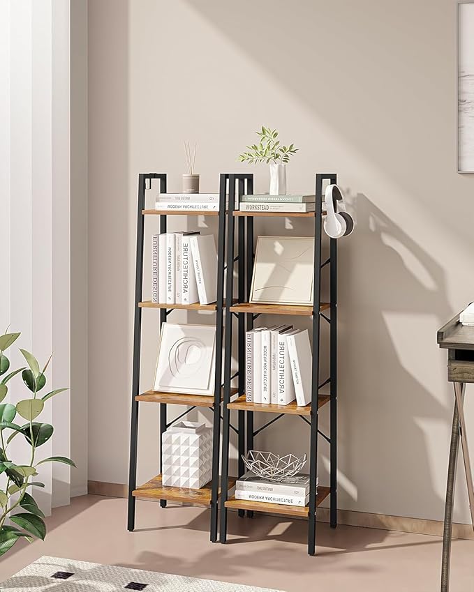 Hzuaneri Ladder Shelf, Bookshelf Bookcase, Freestanding Corner Storage Shelve with 2 Hooks for Home Office, Living Room, Kitc