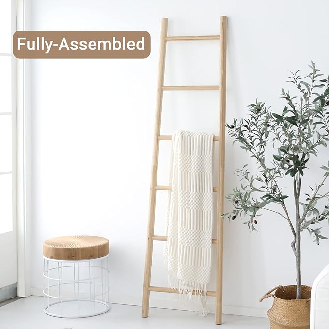 FUIN Fully Assembled 6ft Bamboo Blanket Ladders Living Room Wood Decorative Wall Leaning Farmhouse Quilt Display Holder Rusti