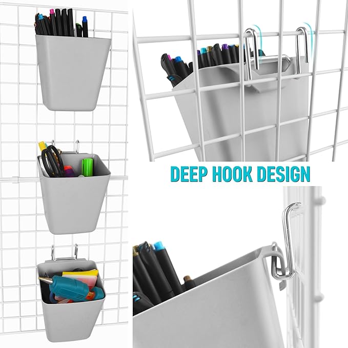 G.CORE Large Grid Wall Bins - 6Pack Gray Gridwall Accessories Hanging Cups with Back Hooks - Plastic Grid Wall Panels Organiz