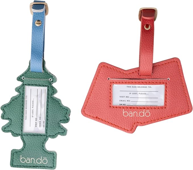 ban.do Getaway Suitcase Tag Set of 2 for Travel, Novelty Shaped Durable Vegan Leather Luggage Identifier (Road Trip)