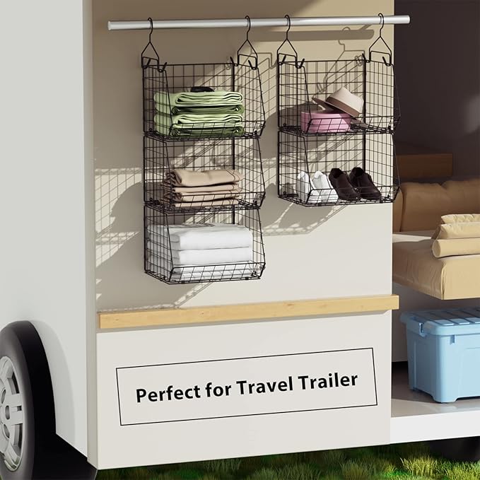 4 Tier Closet Hanging Organizer, Closet Organizers and Storage with 5 S Hooks, Closet Hanging Shelves & Freestanding Wire Sto