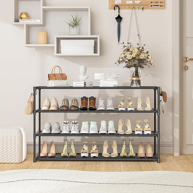 LUKYTOWER Extra Long Shoe Rack 4 Tier Shoe Storage Organizer with 2 Hooks, Wide Stackable Shoe Organizer Racks for Closet Ent
