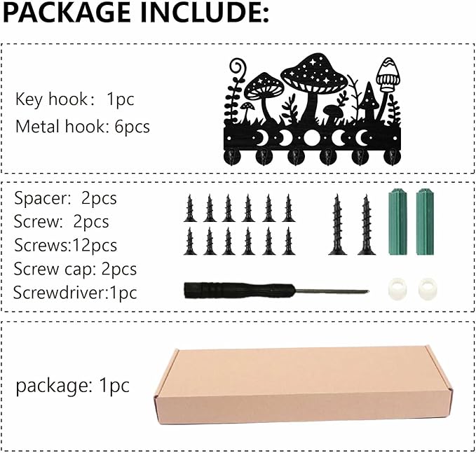 Mushroom Key Holder Black Key Holder Wall Mount 11.8 x 7.5 Inch Moon Phases Grass Wooden Keychain Hanger Organizer Rack with 