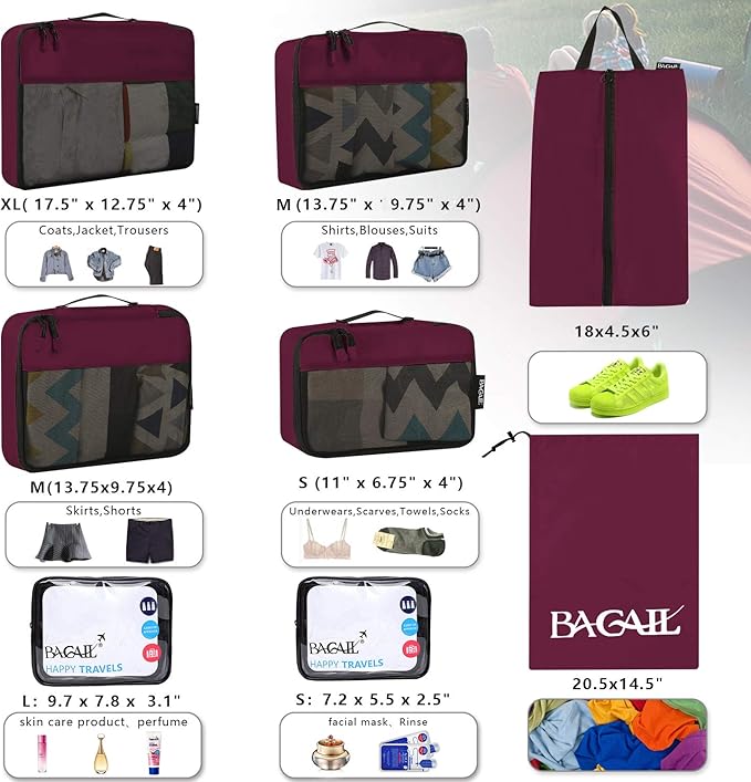 BAGAIL 8 Set/9 Set Packing Cubes Luggage Packing Organizer for Travel, Suitcase Packing Bags for Travel Accessories