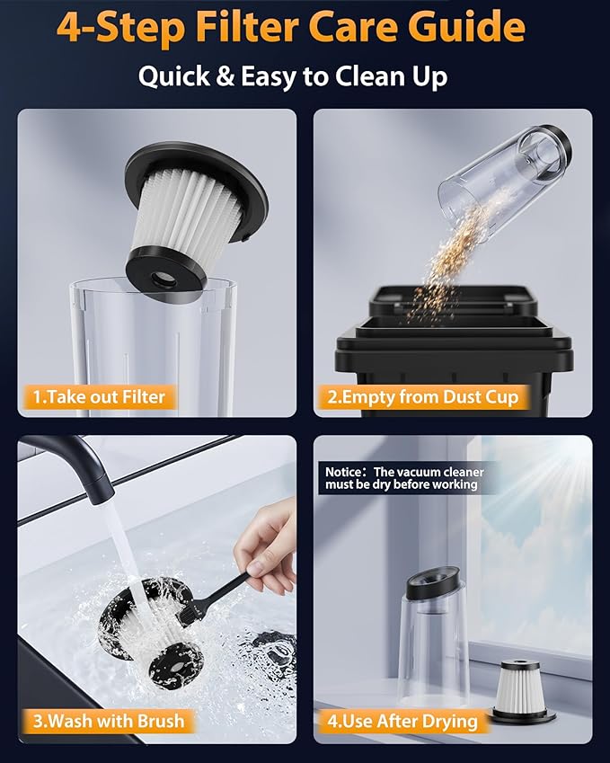 Handheld Vacuum Cordless 1.1 Pounds Car Vac 10000PA Hand Held Vacuums 4-in-1 Hand Vac Cordless Rechargeable HEPA Filter Large