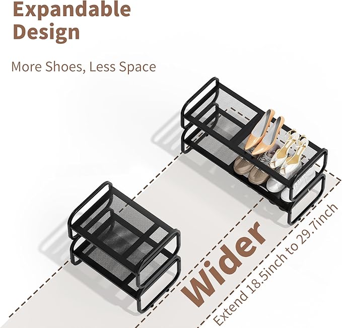 2 Tier Shoe Rack - Expandable Shoe Organizer for Closet, Adjustable Metal Shoe Shelf Storage, Stackable Long Shoe Stand Holde