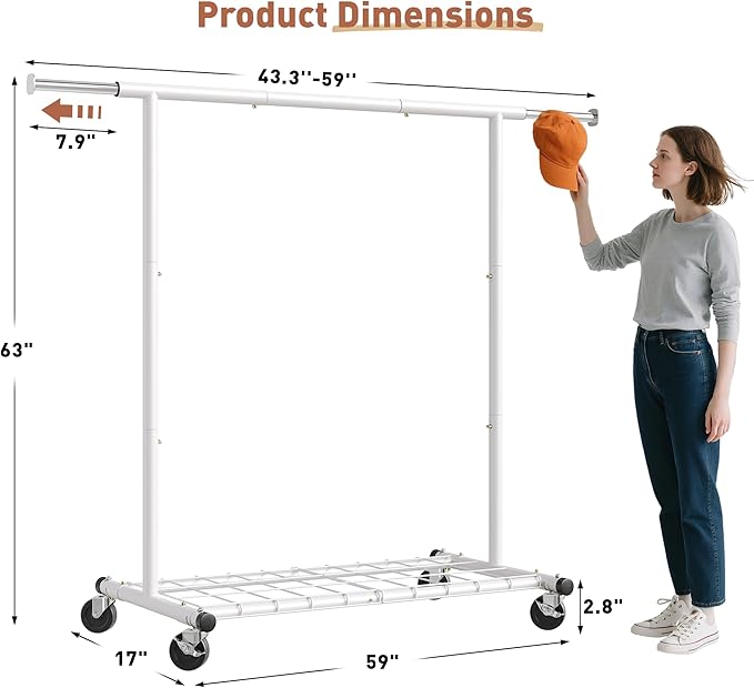 Raybee Clothing Rack for Hanging Clothes, Rolling Clothes Rack Load 250LBS, Metal Clothes Racks, Clothing Rack with Wheels Po