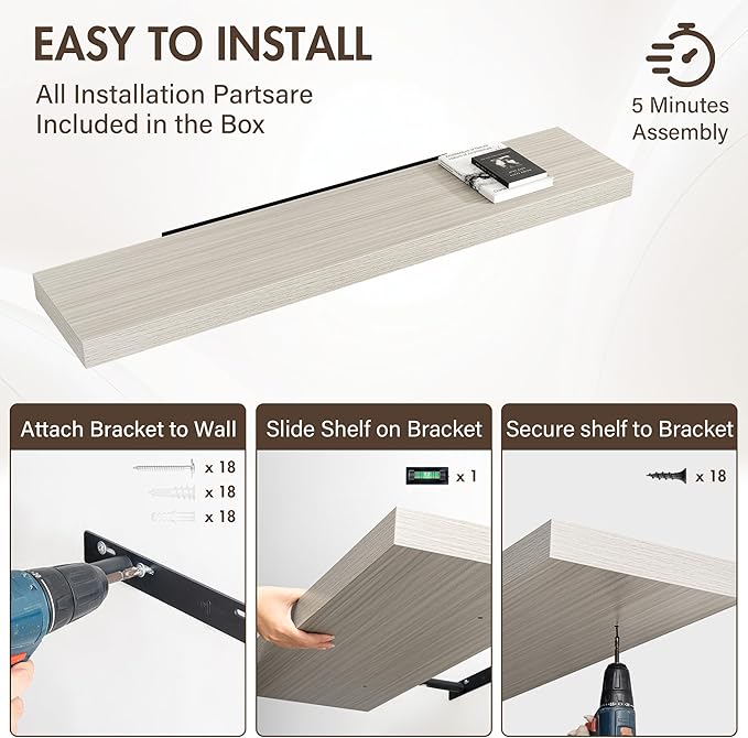 55 Inch Floating Shelves, 12" Deep Floating Shelf Wall Mounted, 55" Wall Shelves, Rustic Deep Bookshelf, Extra Deeper & Thick