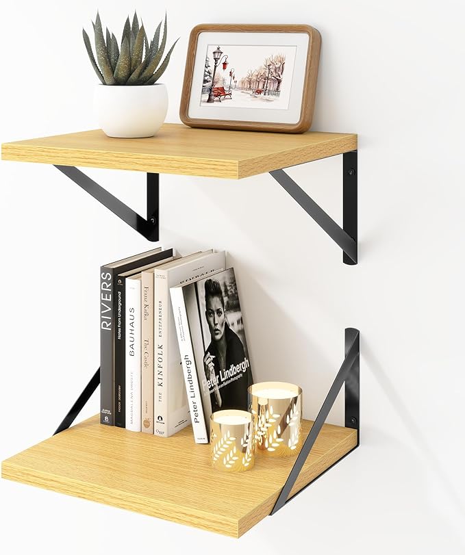 Deep Floating Shelves Wall Mounted, 12"x12" Oak Wall Shelves with Brackets Set of 2 for Bedroom, Living Room, Bathroom, Kitch