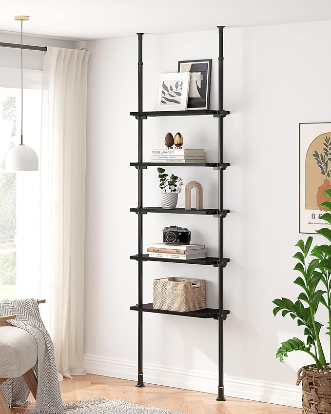 ALLZONE 5 Tiers Narrow Bookshelf, Tall Adjustable Ladder Book Shelf with Open Storage, Floor to Ceiling Tension Mount, Wooden