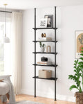 ALLZONE 5 Tiers Narrow Bookshelf, Tall Adjustable Ladder Book Shelf with Open Storage, Floor to Ceiling Tension Mount, Wooden