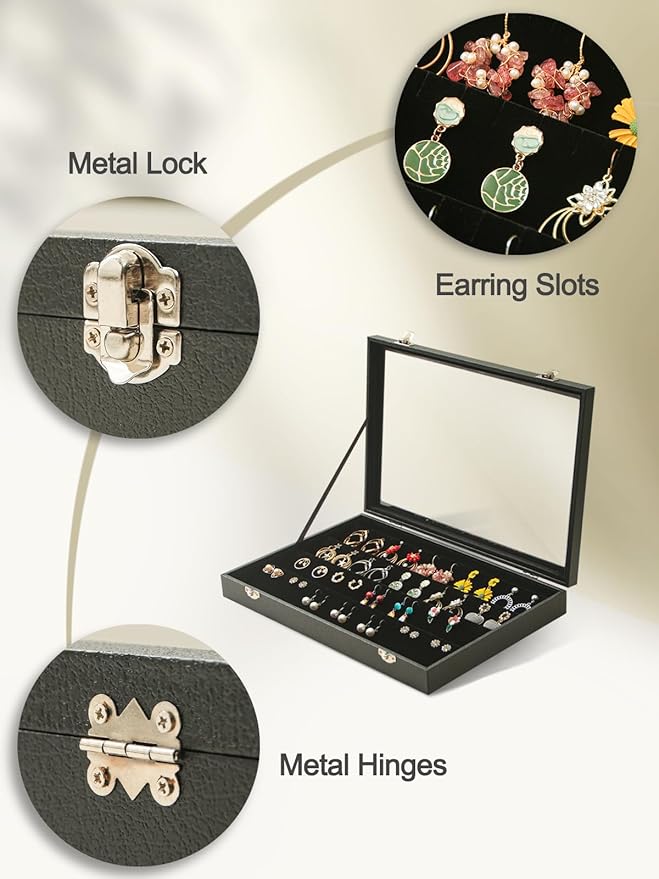 Coward Earring Organizer Tray Box, Black Velvet Earring Jewelry Display Storage Tray Case with Transparent Glass Lid for Home