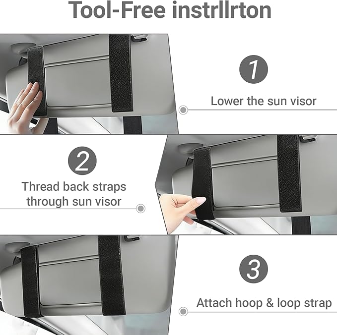 Car Sun Visor Organizer, Adjustable Straps Tactical Visor Organizers with 1000D Polyester Zipper Visor Storage Pouch & Sunglasses Holder Clip, Fits Most Vehicles, SUVs, Pockets, Trucks (Black)