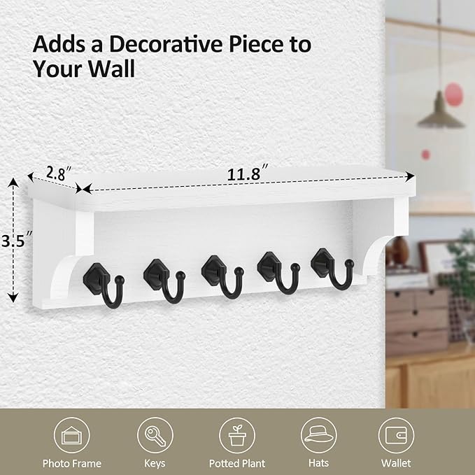 Nekon Key Holder for Wall, 11.8" W x 3.5" H x 2.8" D Decorative Key Organizer with Floating Shelf, Wall Mount Key Rack with 5