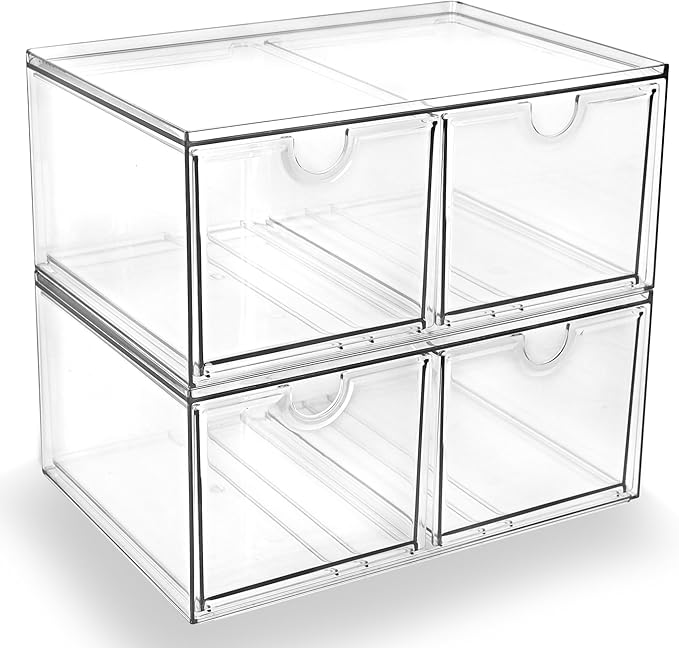 Prsildan Stackable Clear Makeup Organizer, 2 Pack Acrylic Storage Drawers with 4 Drawers for Vanity Bathroom Office Desk Modu