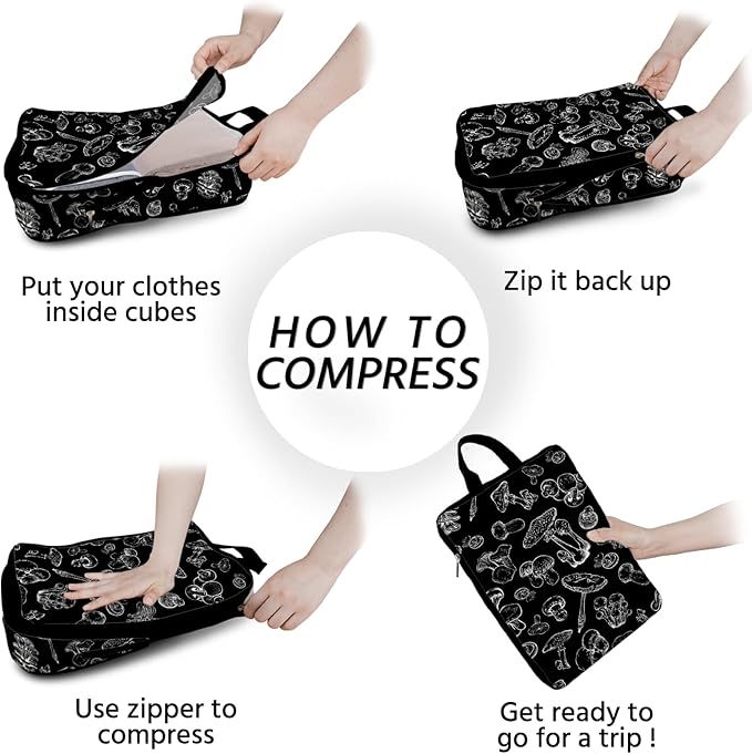 6 Pcs Compression Packing Cubes Waterproof Suitcase Travel Bag Luggage Backpack Organizer Travel Cubes for Packing-Black Mush