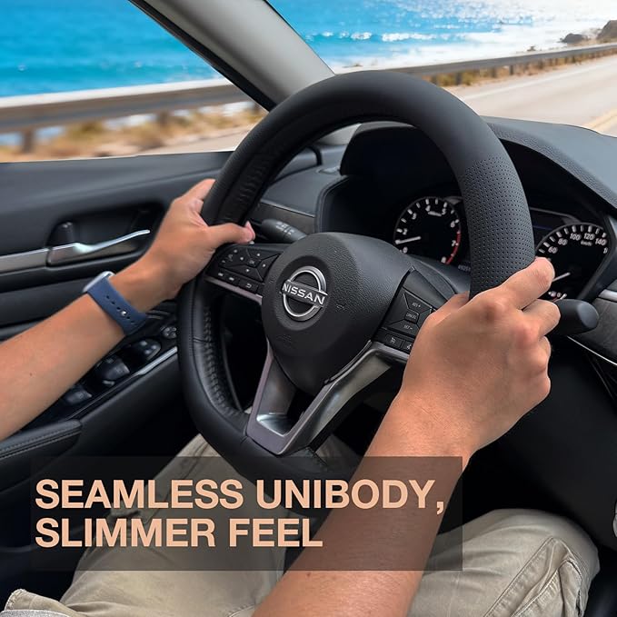 PINCTROT D Shaped Nappa Leather Steering Wheel Cover, Slim Fit No Bulk Design, One Piece Leather with Breathable Perforation,