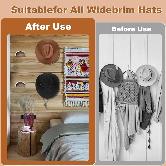 Cowboy Hat Rack for Wall,2 Pack Wooden Hat Holder,with Satin Finish Hat Hooks,Non-Damage Brim Design Can Keeps Original Shape