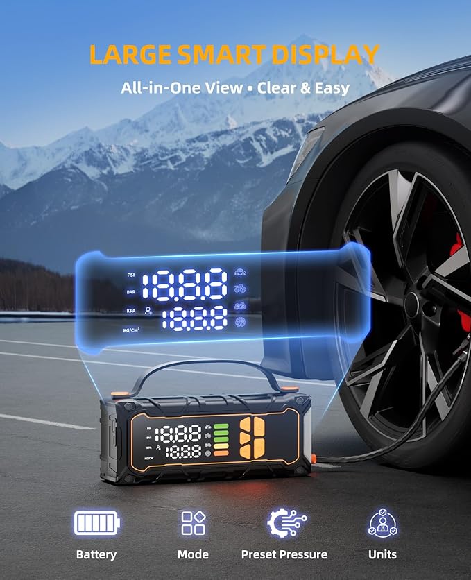 Battery Jumper Starter Portable, Jump Starter with Air Compressor-4000A 12V (7.0L Gas/ 6.0L Diesel) with 160PSI Tire