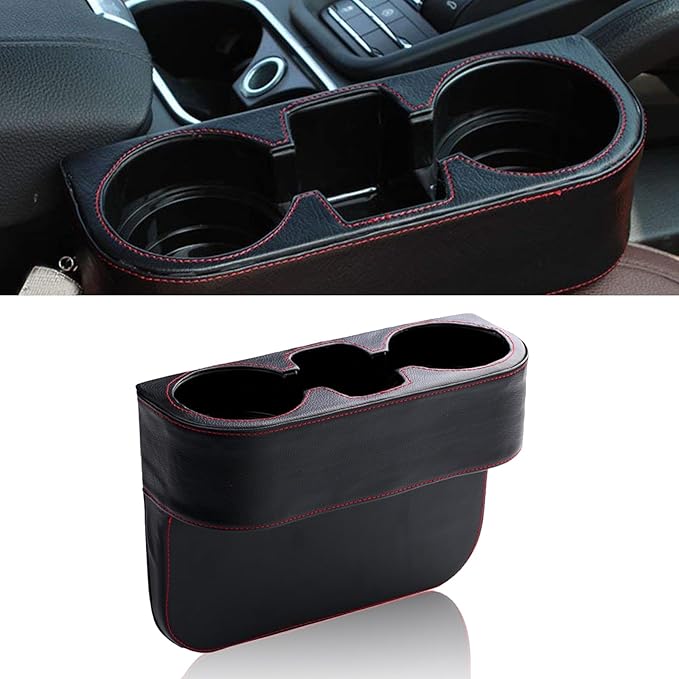 Car Cup Holder, PU Leather Auto Front Seat Organizer, Multifunctional Cup Drink Holders, Gap Filler Storage Box Coin Bucket Console Side Pocket Cell Mobile Phone Holder (Black)