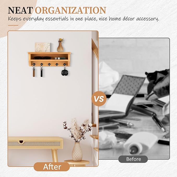 Nekon Key Holder Wall Mount, Wall Organizer Shelf with 5 Key Hooks, Room Decor for Home and Apartment Essentials, Wood