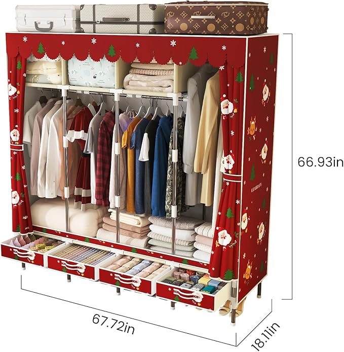 Portable Wardrobe with 4 Drawers Simple Temporary Wardrobe, Armario Portátil,New Oxford Cloth, Christmas Style (Christmas Col