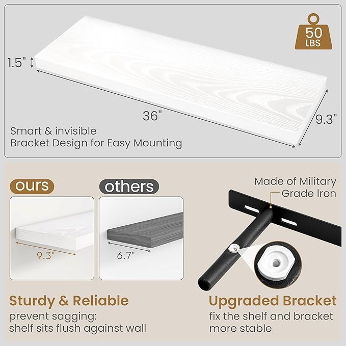 Fun Memories 36 Inch Floating Shelves in White, 9.3 Inch Deep Floating Shelf for Bathroom Living Room Kitchen, Rusitc Wall Mo