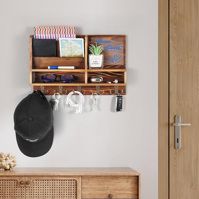 Key Holder Wall Mount, Mail Organizer Wall Mounted, Solid Wood Key Holder for Wall Living Room Entryway Home Decor, with 10 K
