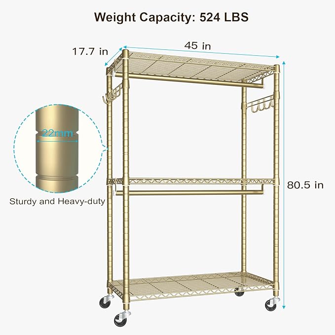 FUTASSI P1 Plus Rolling Clothes Rack, 22mm Diameter Heavy Duty Garment Rack with Wheels, Portable Closets with Shelves and Ha
