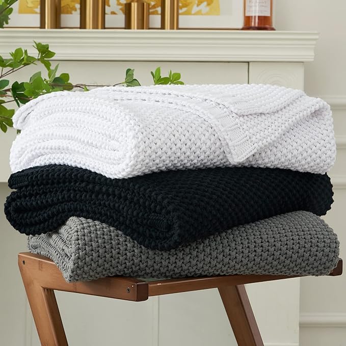 Chunky Cable Knit Throw Blanket Lightweight Black 100% Organic Cotton Blanket for Sofa Couch Bed Baby Nursery, Rustic Shabby 