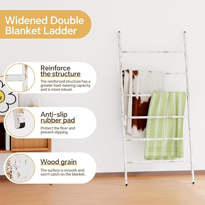 Delywh 6-Tier Wide Double Blanket Ladder Wood, Rustic Decorative Towel Rack for Big Blanket, Towel, Quilt, Clothes - Freestan