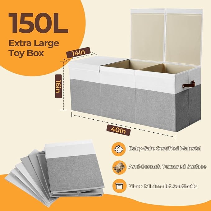 Extra Large Toy Box,150L Foldable Sturdy Toy Storage with Lid, 40"x14"x16" Kids Storage Organizer, Toy Chest for Boys&Girls,f
