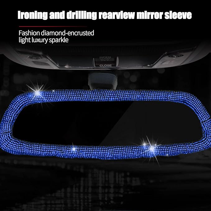 Bling Car Rearview Mirror Cover, Women's Full Drill Head Pillow Cover, Crystal Rhinestone Bling Car Interior Accessories for Women Universal Fit - blue