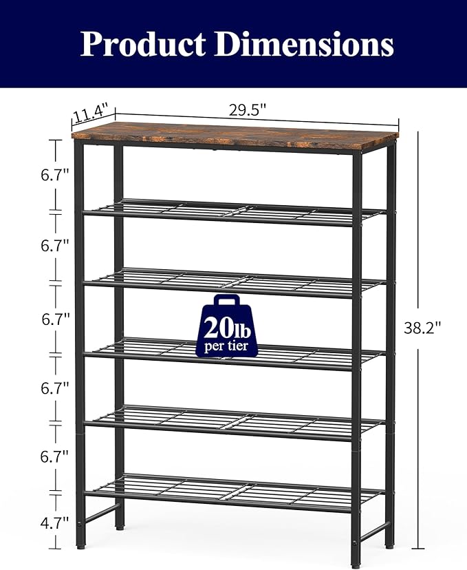 Kitsure Shoe Rack for Closet, Rustic Brown Shoe Organizer with Leveling Feet, Sturdy & Rust-Proof Shoe Storage for Entryway, 