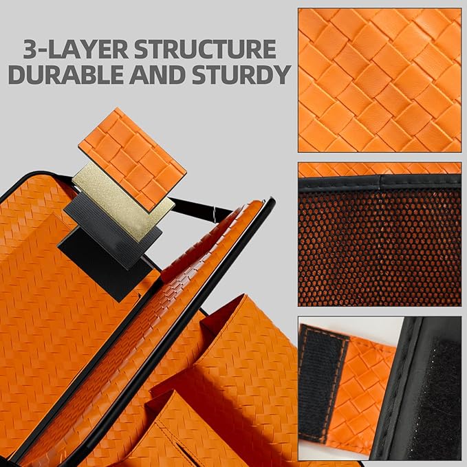 Car Back Seat Organizer, Black Woven Leather Storage Bag, Multifunctional Rear Seat Protector with Tablet Holder, 25.2x17.7 Inches, Abrasion Resistant, Orange