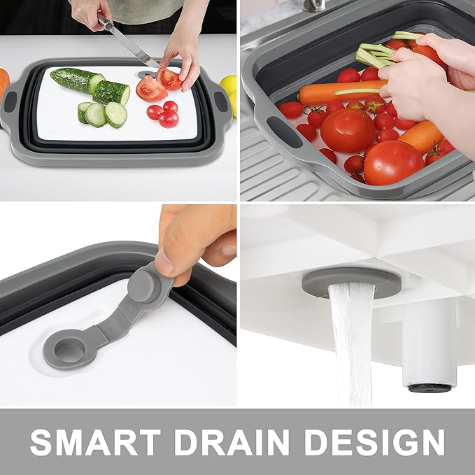 Collapsible Cutting Board with Container, Foldable Camping Sink with Colander, BBQ Prep Tub with Lid, Multifunction Dish Basi